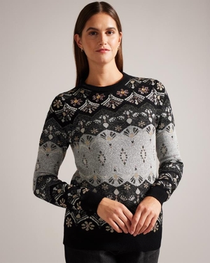 Pull Ted Baker Crystal Embellished Fair Isle Noir Femme | FBP-88123403